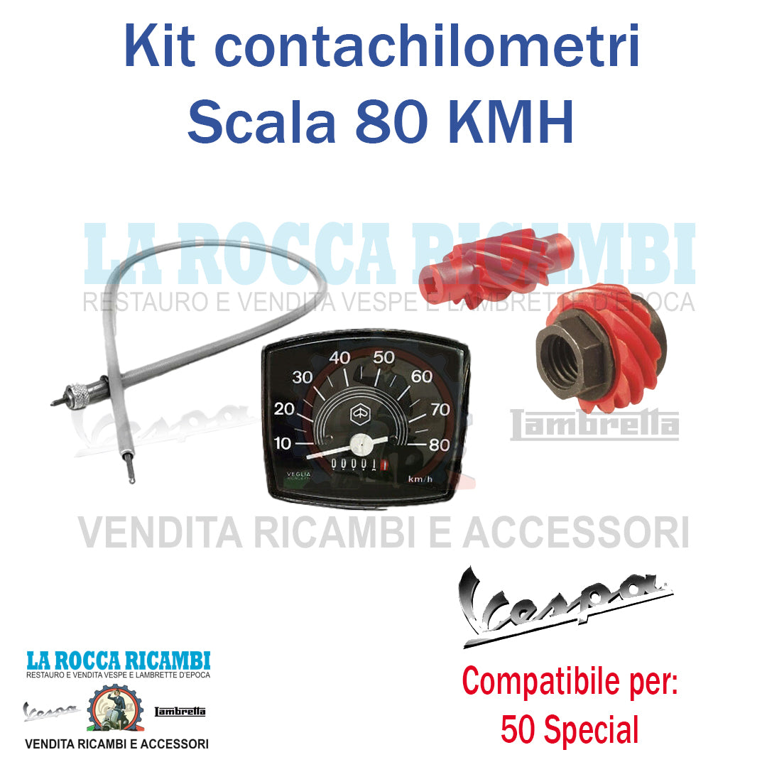Contachilometri Scala 80 KMH + Rinvio A Ruota + Rinvio Pignone + Cavo Trasmissione Vespa 50 SPECIAL