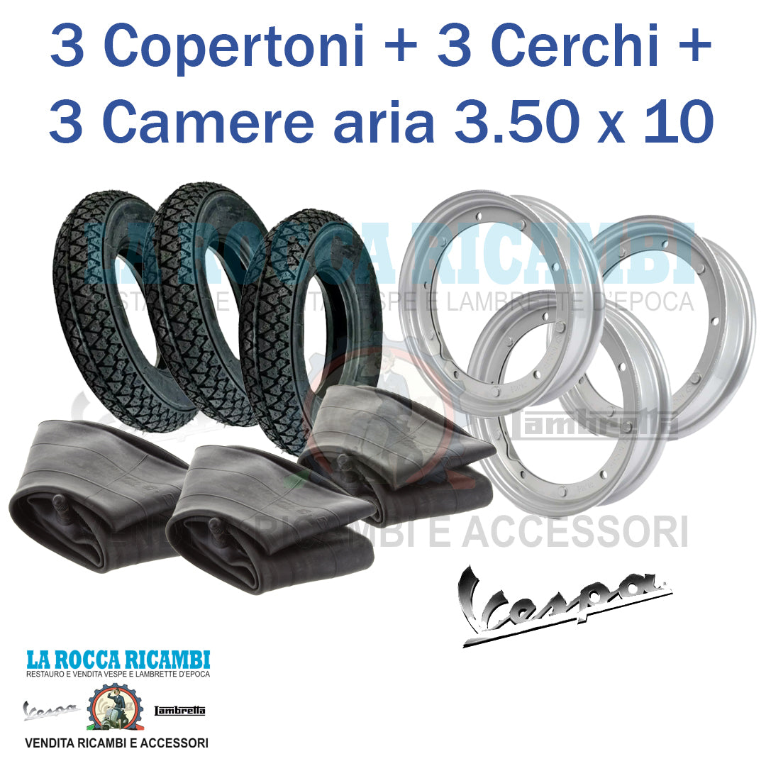 KIT 3 COPERTONI 3.50 10 + 3 CAMERA D'ARIA DA 10 + 3 CERCHI DA 10
