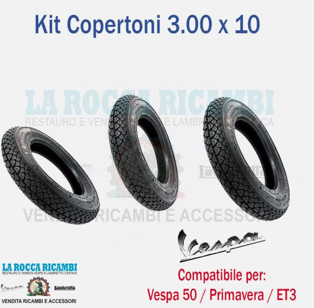 KIT 3 PNEUMATICI COPERTONI GOMME 3.00 10 VESPA 50 SPECIAL - PRIMAVERA ET3
