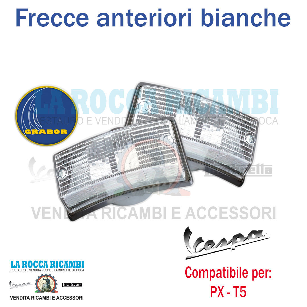 Frecce Anteriori Complete Vespa PX 125 / 150 / 200 - T5 Bianche con Bordo Nero
