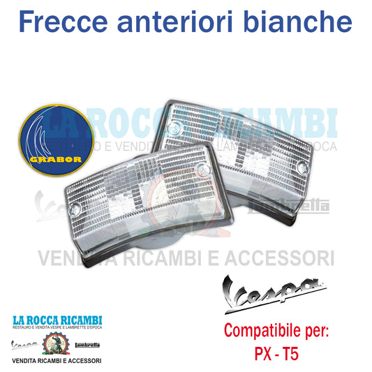 Frecce Anteriori Complete Vespa PX 125 / 150 / 200 - T5 Bianche con Bordo Nero