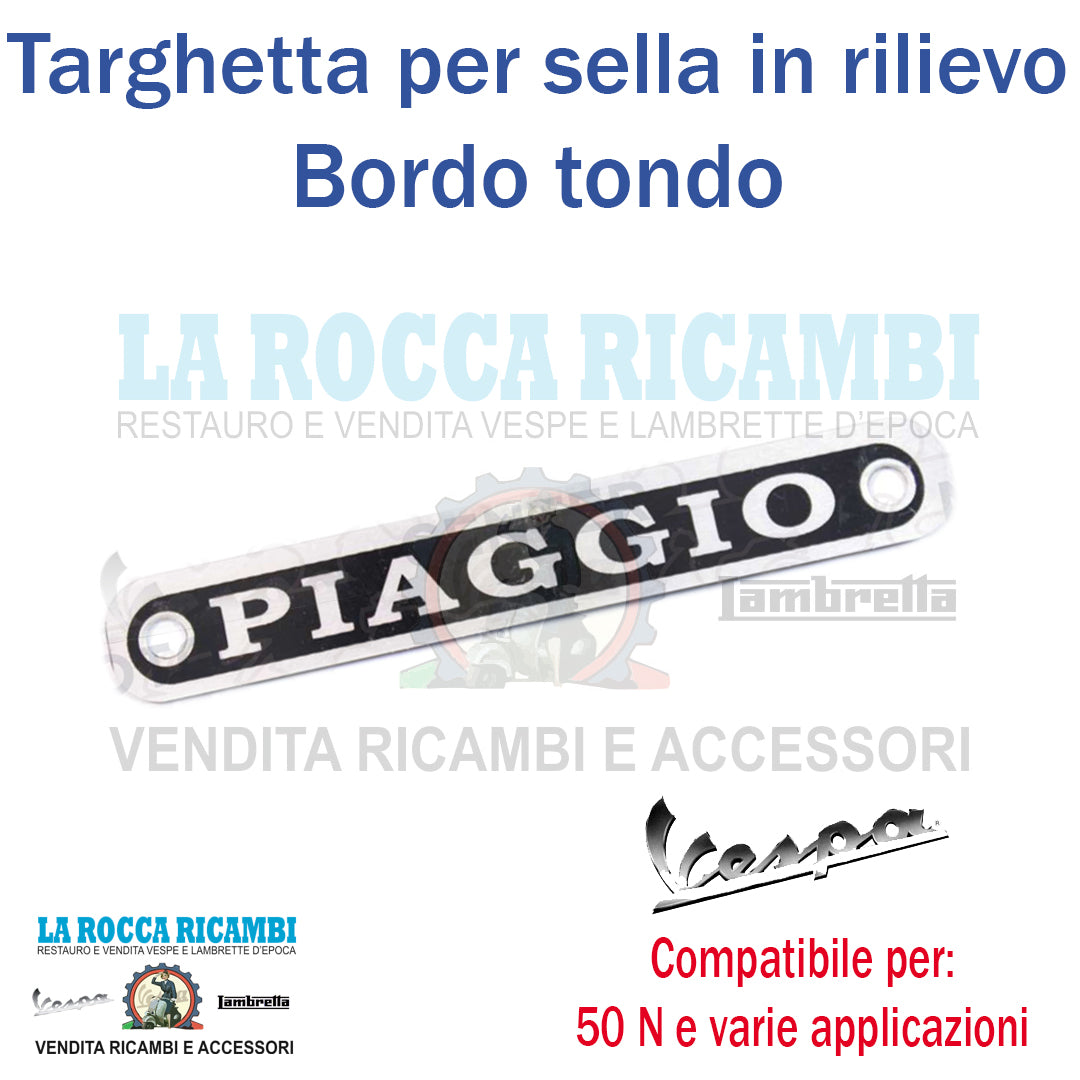Scritta Targhetta "PIAGGIO" In Rilievo Per Selle Vespa e Ciclomotori Bordo Tondo