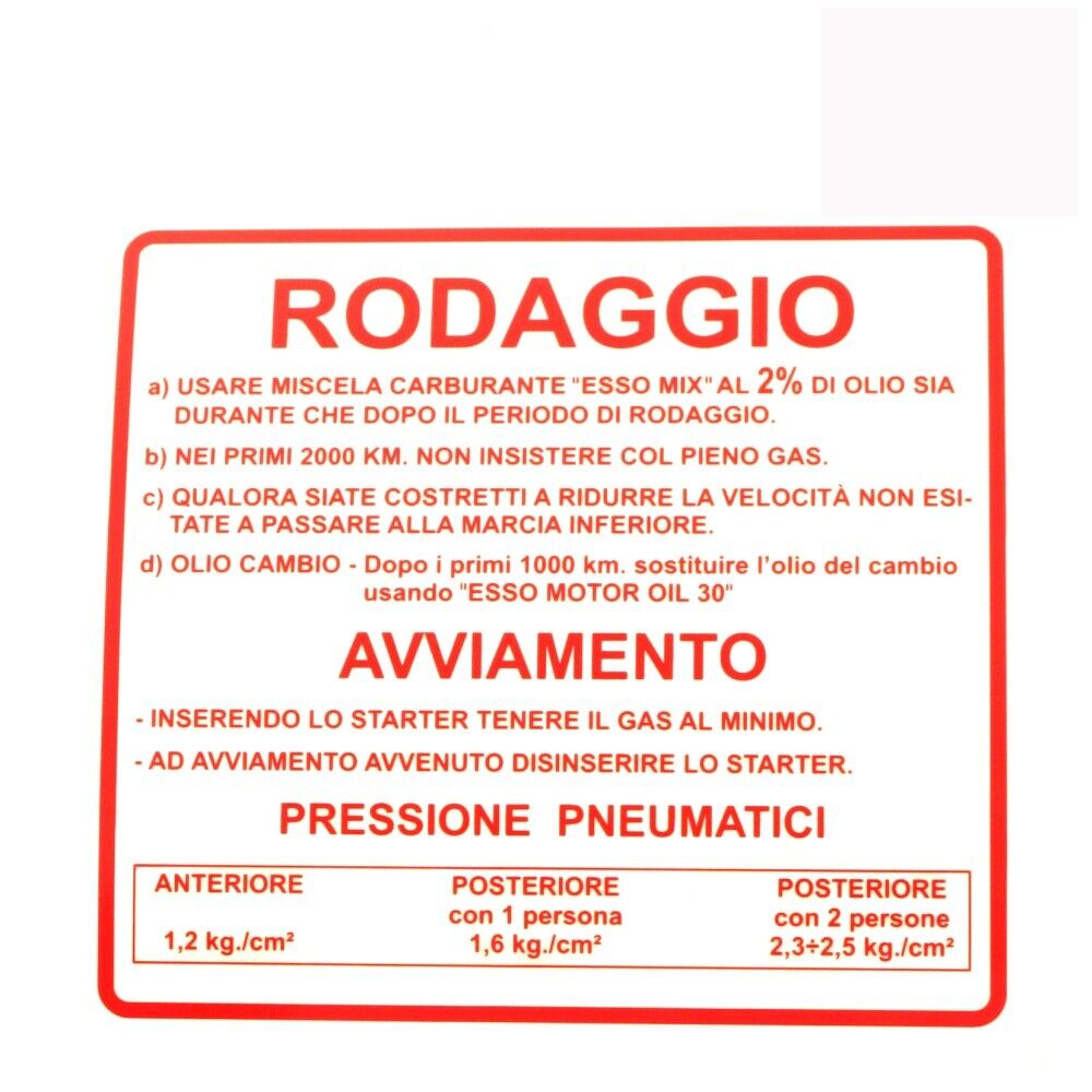 Scritta Targhetta Rodaggio Vespa 50 L / N / R / SPECIAL [ROSSA]