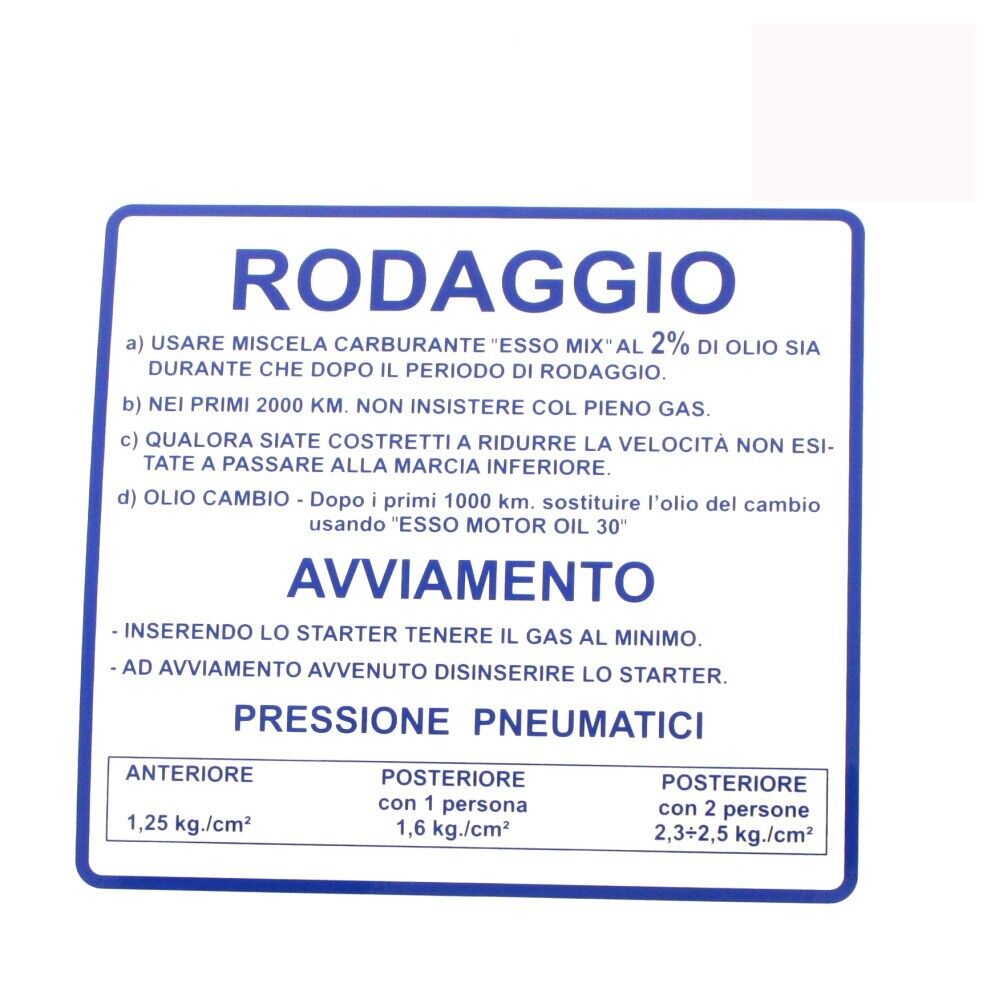 Scritta Rodaggio Vespa 50 Blu