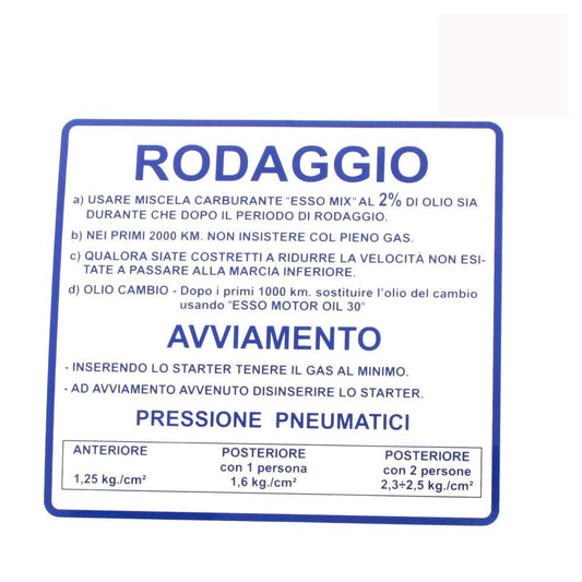 Scritta Rodaggio Vespa 50 Blu
