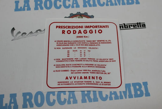 Scritta Rodaggio 2% 4 Marce Vespa VBB / GL/ GTR e varie