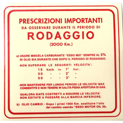 Adesivo / Scritta Rodaggio 147 x 144 mm per Vespa 3 Marce con miscela 5% [ROSSO]